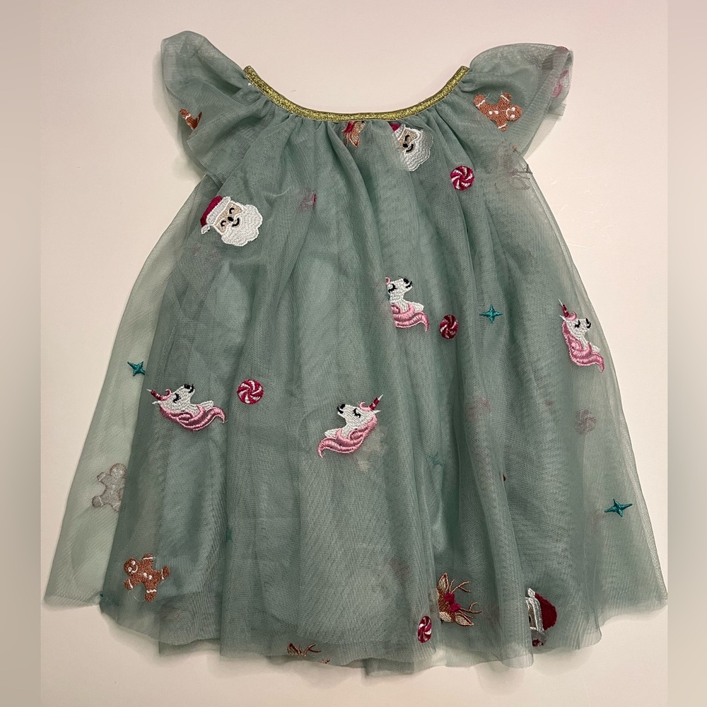 Zunie Girls Christmas Holiday Embroidered Unicorn Tulle Dress Sage Green NWT